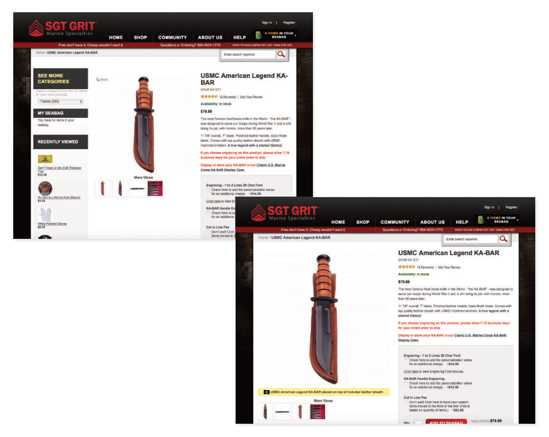 Screenshots of a Sgt Grit product page before and after changes were made to improve the display of product photos and make the page feel less cluttered.
