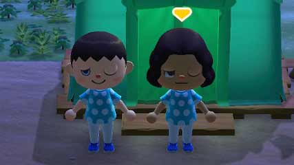 Two characters in the game Animal Crossing New Horizons standing next to each other wearing similar outfits.
